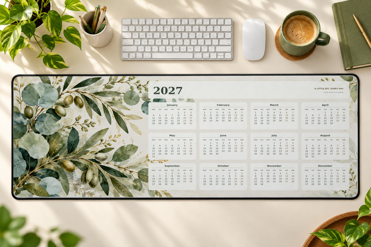 Sage Botanical 2027 calendar desk mat – illustrative printed product mockup