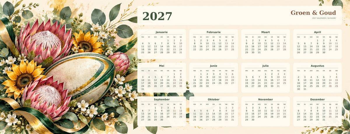 Floral Green and Gold 2027 calendar desk mat full design – 780 × 300 mm