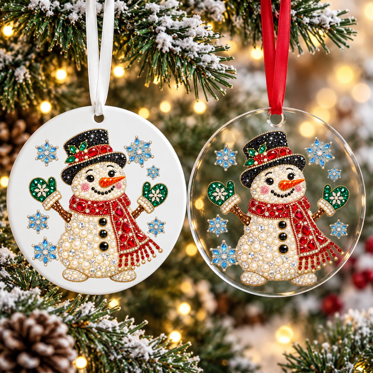 Bedazzled snowman Christmas ornament shown in white acrylic and clear acrylic