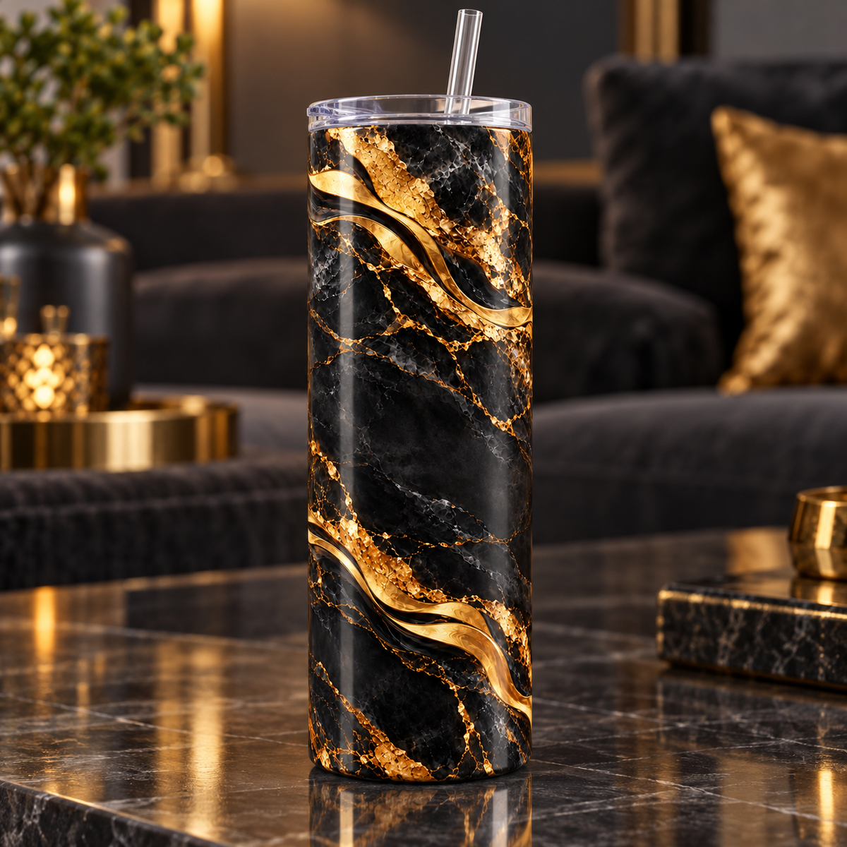 Black And Gold Marble 20oz Tumbler β lifestyle view