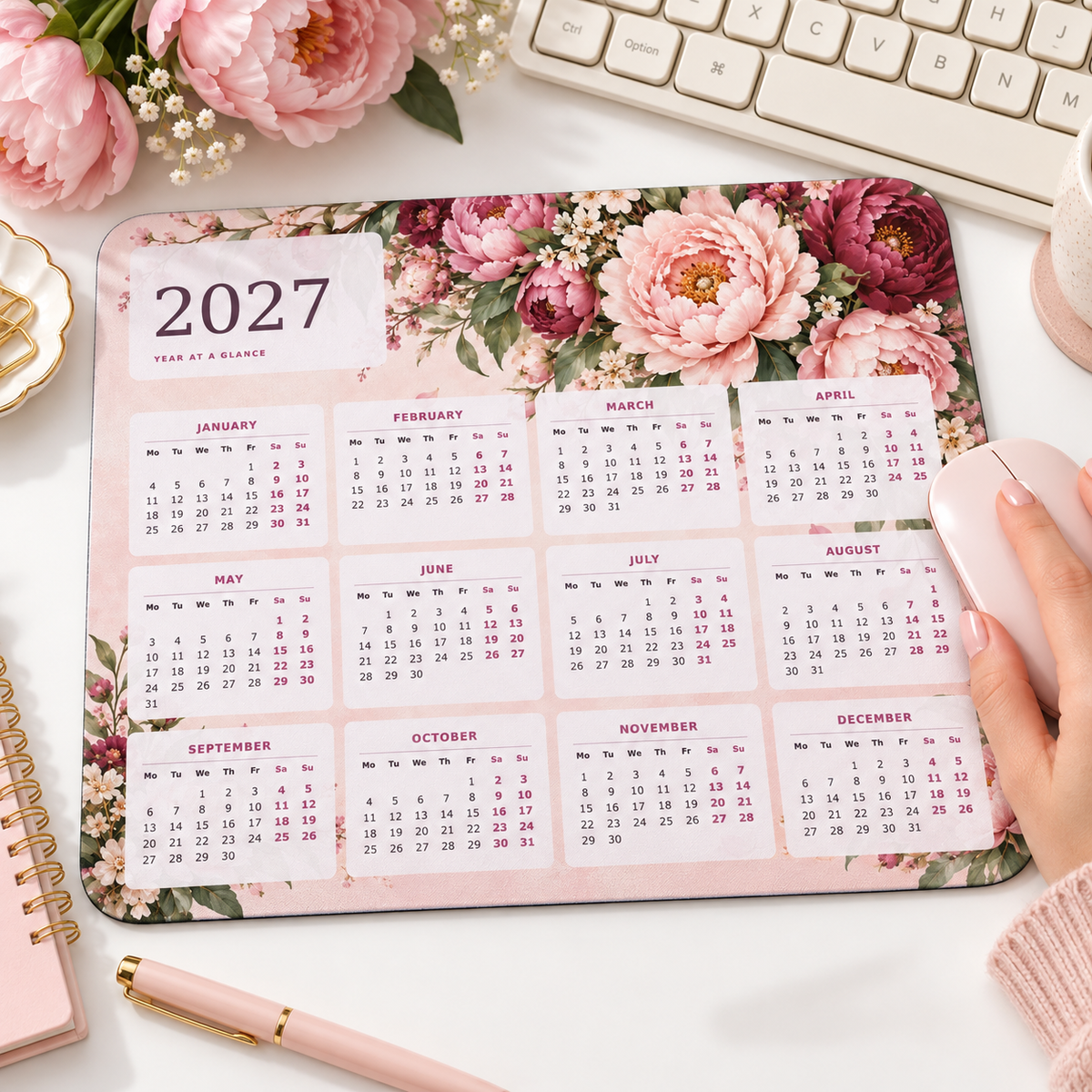 Blush Peony Garden 2027 Calendar Mousepad – lifestyle view