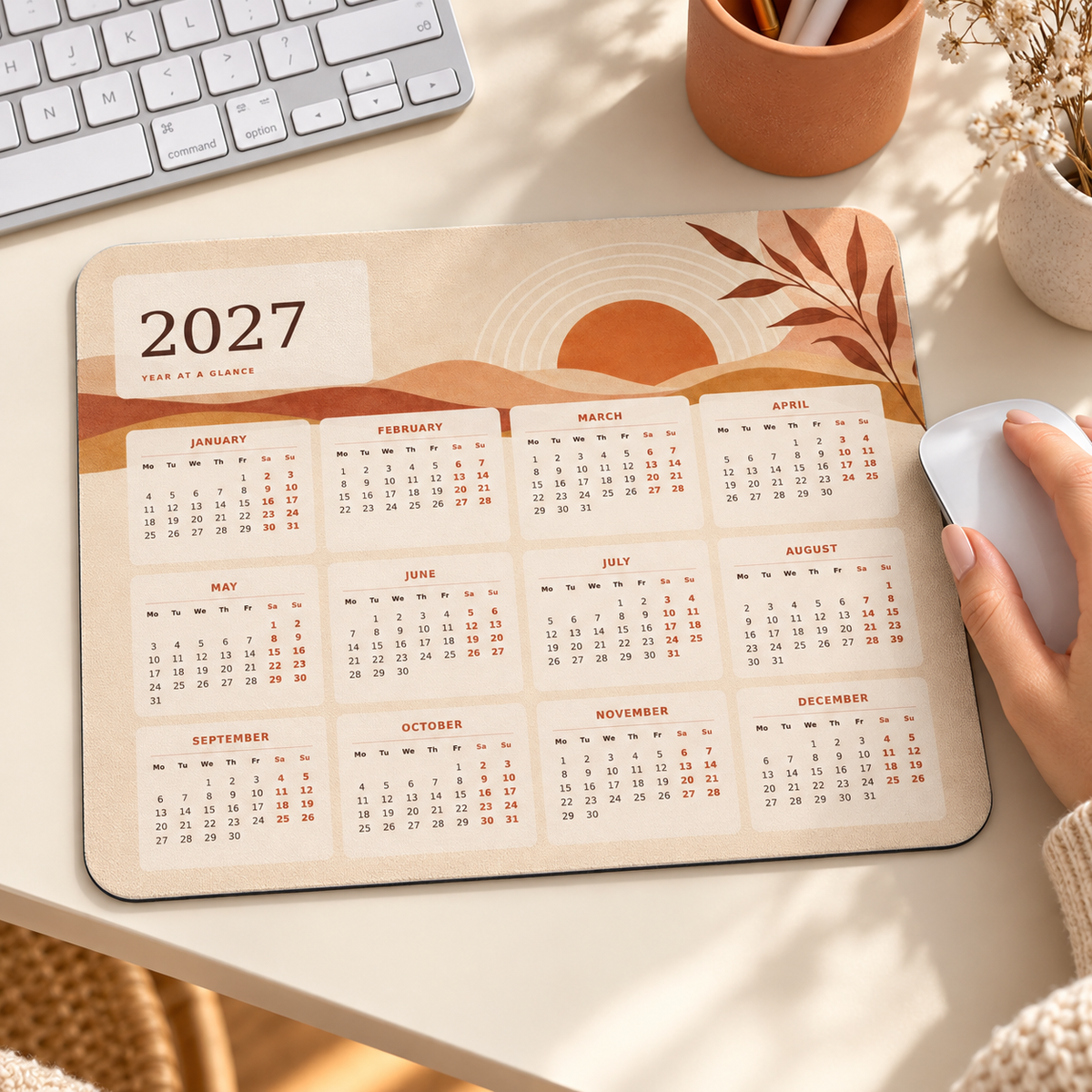 Boho Sunrise 2027 Calendar Mousepad – lifestyle view