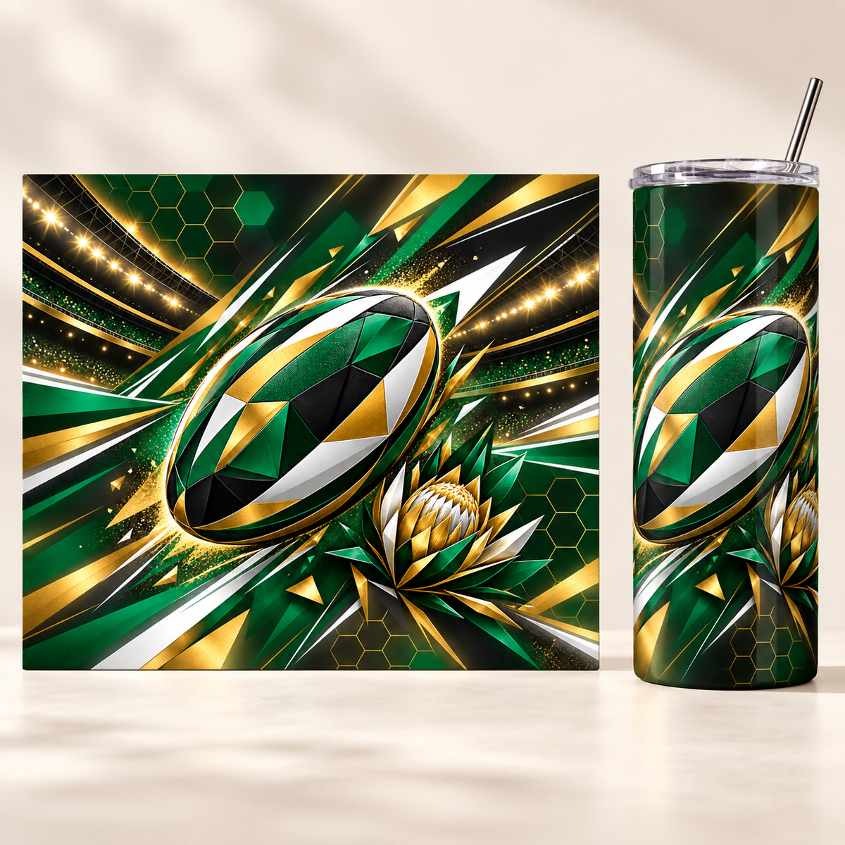 Emerald Gold Geometric Rugby 20oz tumbler beside the full matching print design