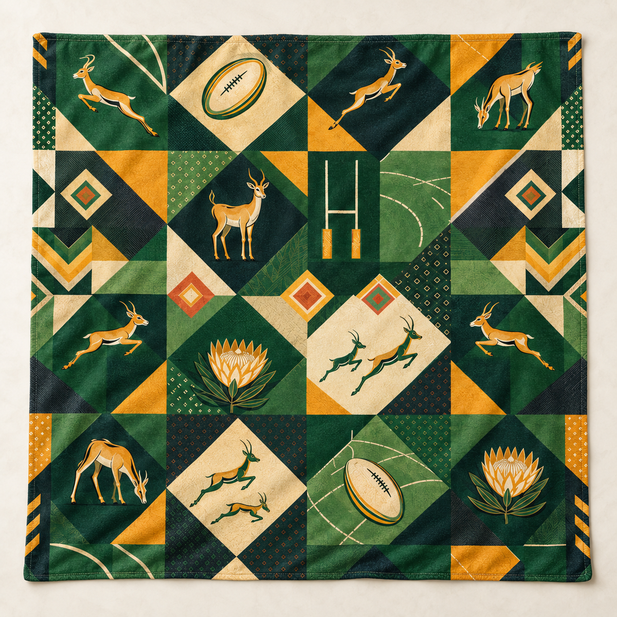 Green and Gold Rugby Patchwork 1450 × 1450 mm printed blanket showing the complete design (mockup)