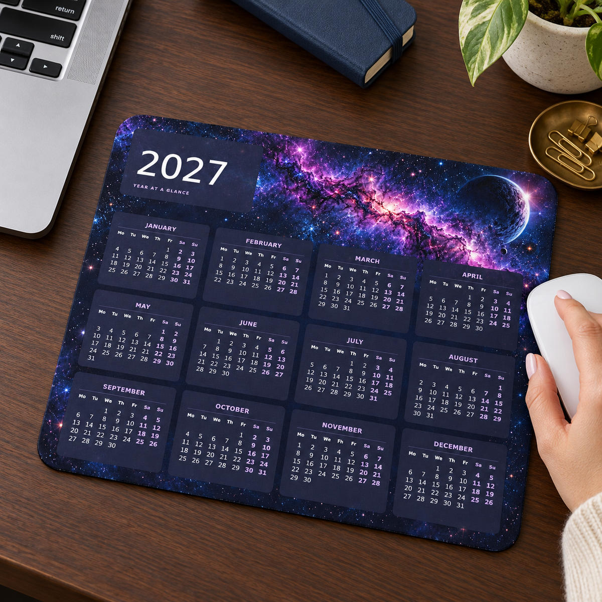 Midnight Galaxy 2027 Calendar Mousepad – lifestyle view