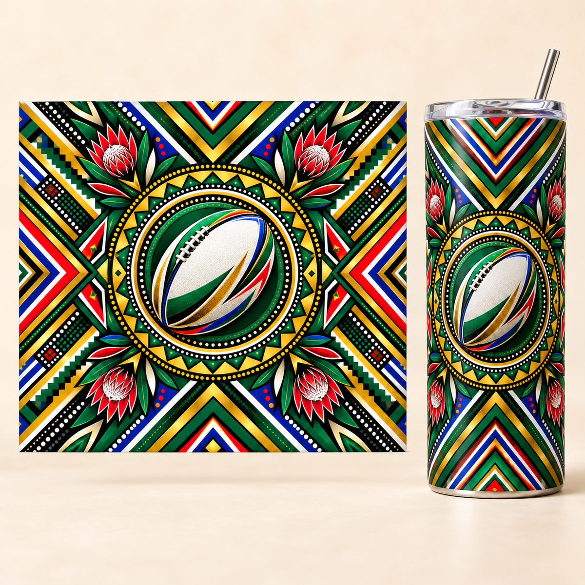 South African Geometric Rugby 20oz tumbler beside the full matching print design