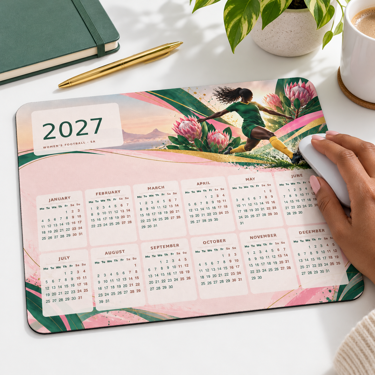 Women's Football Rise 2027 Calendar Mousepad – lifestyle view