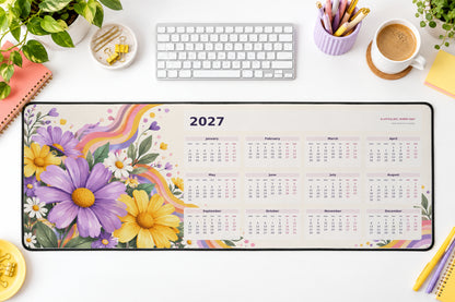 Rainbow Daisy 2027 calendar desk mat – illustrative printed product mockup