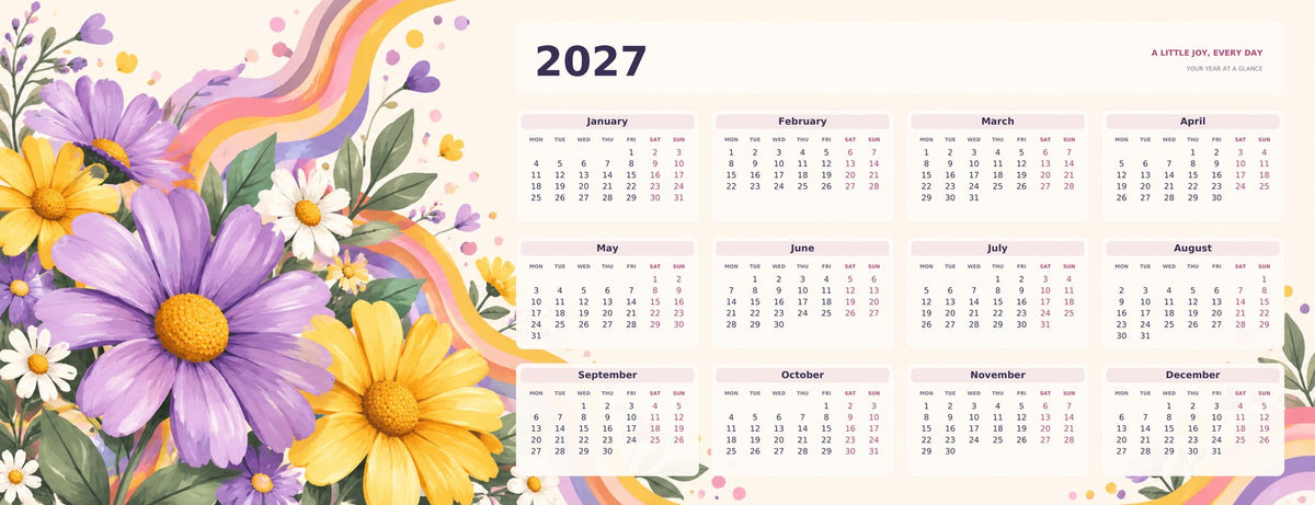 Rainbow Daisy 2027 calendar desk mat full design – 780 × 300 mm