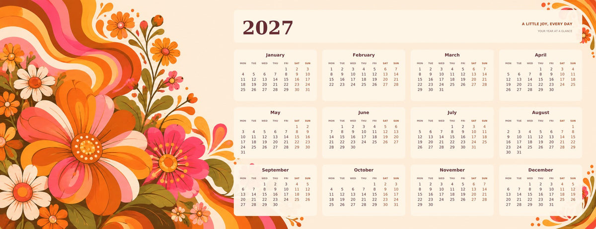 Groovy Flower Power 2027 calendar desk mat full design – 780 × 300 mm