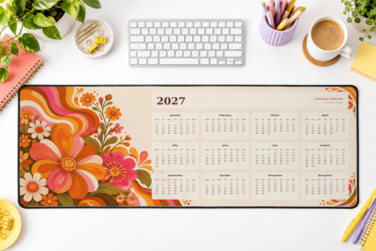 Groovy Flower Power 2027 calendar desk mat – illustrative printed product mockup