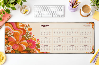 Groovy Flower Power 2027 calendar desk mat – illustrative printed product mockup