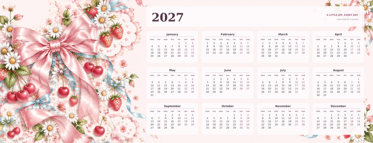 Pastel Bow Club 2027 calendar desk mat full design – 780 × 300 mm