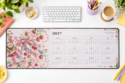 Pastel Bow Club 2027 calendar desk mat – illustrative printed product mockup