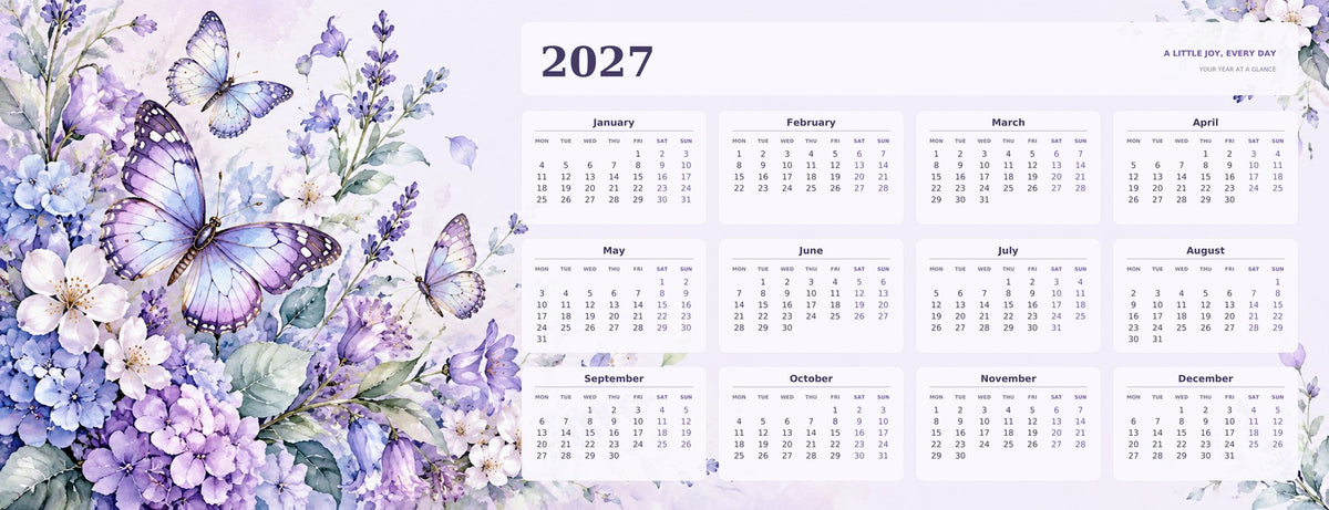 Butterfly Garden 2027 calendar desk mat full design – 780 × 300 mm