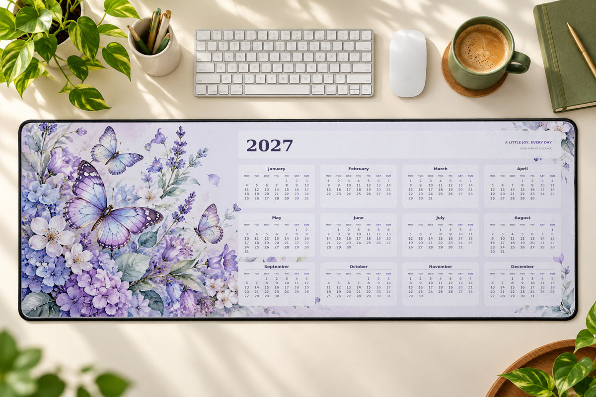 Butterfly Garden 2027 calendar desk mat – illustrative printed product mockup
