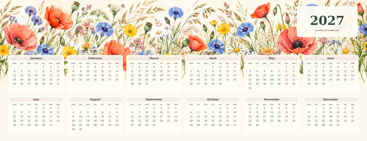 Wildflower Meadow 2027 calendar desk mat full design – 780 × 300 mm