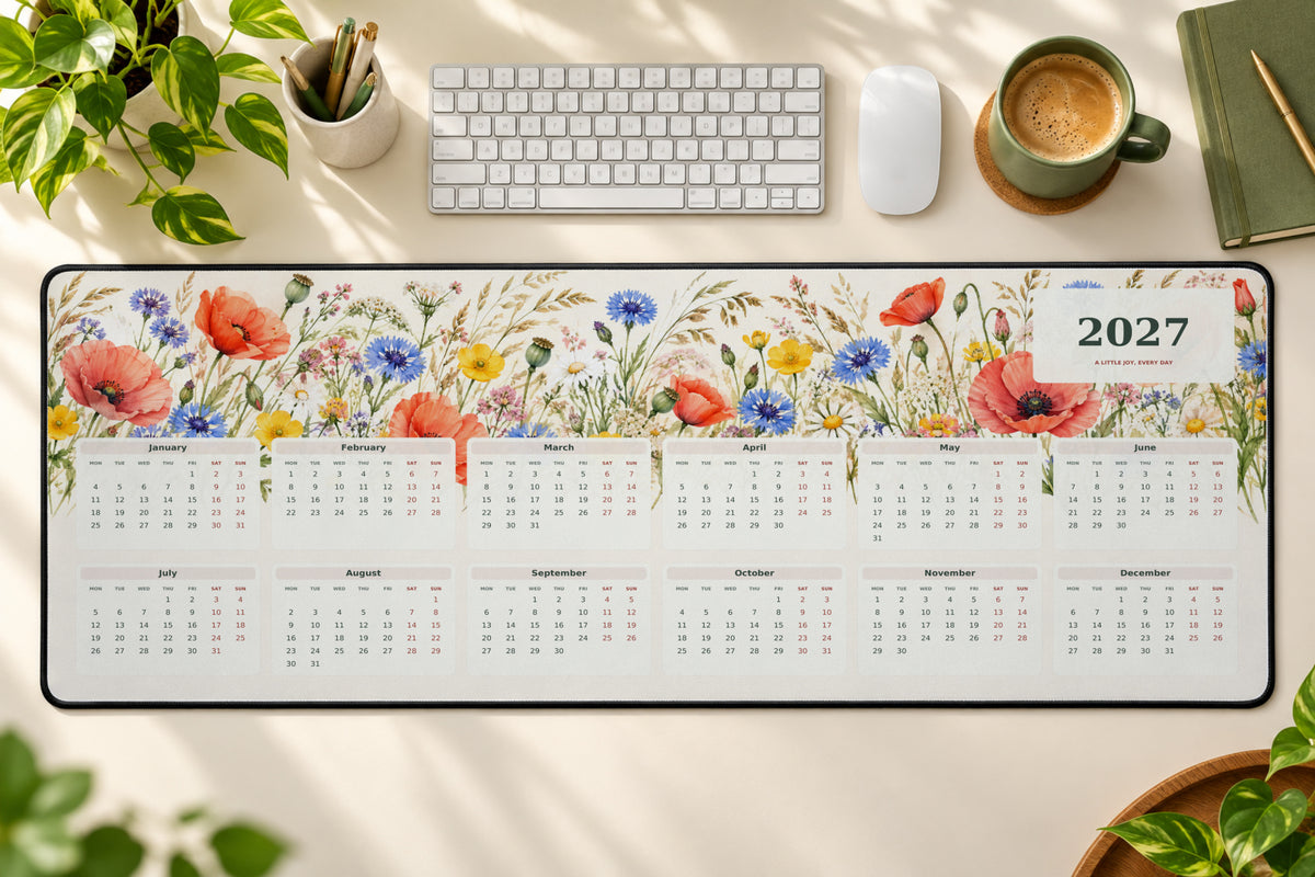 Wildflower Meadow 2027 calendar desk mat – illustrative printed product mockup