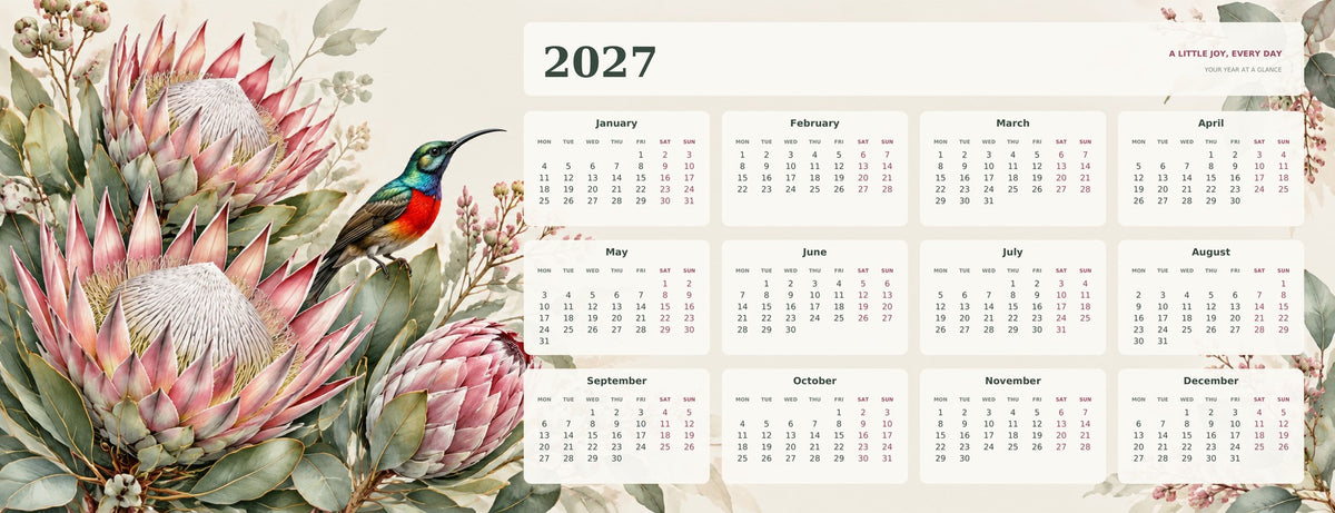 Protea And Sunbird 2027 calendar desk mat full design – 780 × 300 mm