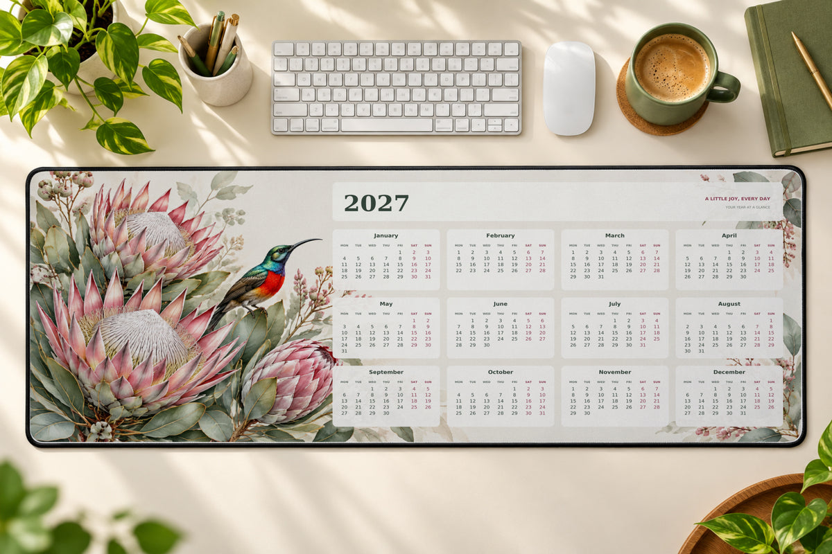 Protea And Sunbird 2027 calendar desk mat – illustrative printed product mockup