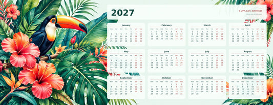 Tropical Paradise 2027 calendar desk mat full design – 780 × 300 mm