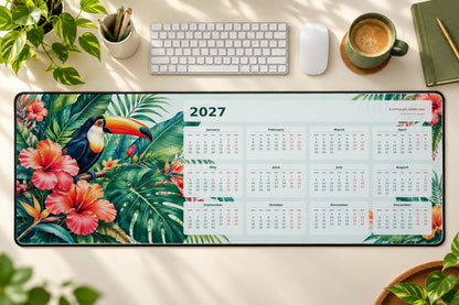 Tropical Paradise 2027 calendar desk mat – illustrative printed product mockup