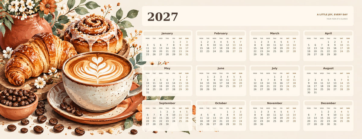 Coffee Break 2027 calendar desk mat full design – 780 × 300 mm