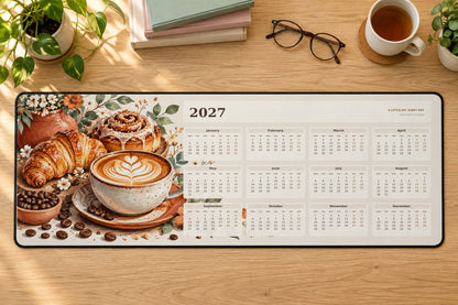 Coffee Break 2027 calendar desk mat – illustrative printed product mockup