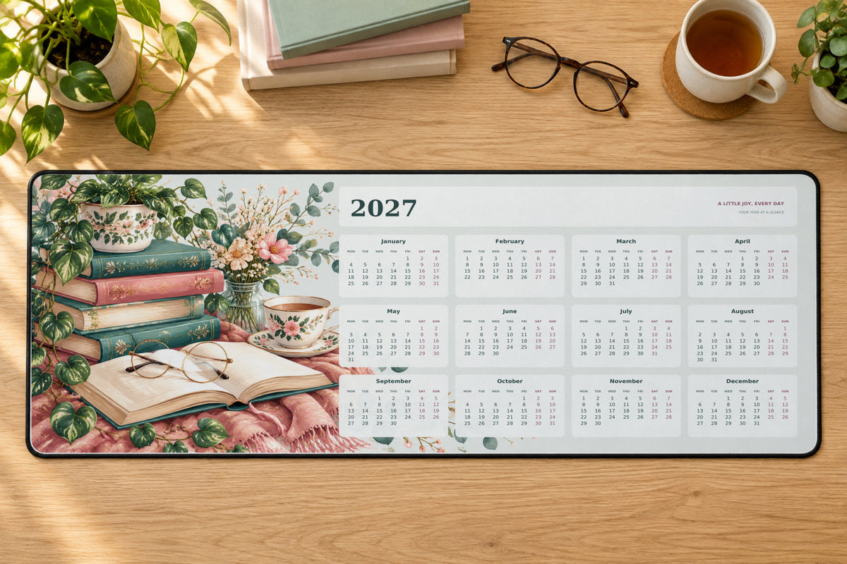 Bookish Bliss 2027 calendar desk mat – illustrative printed product mockup