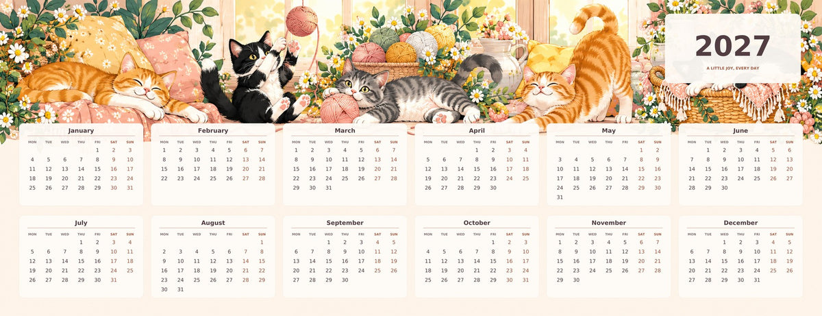 Playful Cats 2027 calendar desk mat full design – 780 × 300 mm