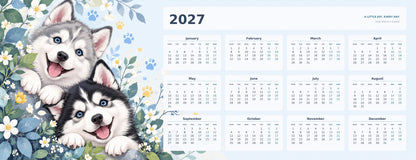 Happy Huskies 2027 calendar desk mat full design – 780 × 300 mm