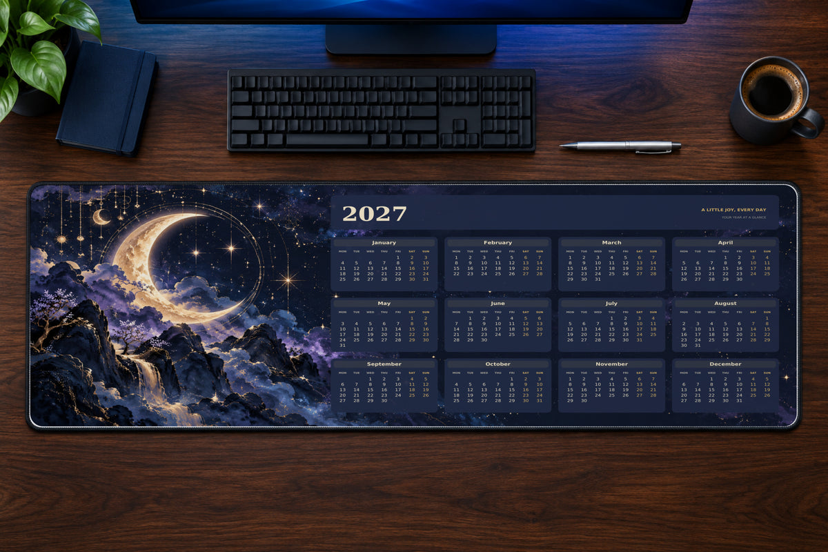 Celestial Midnight 2027 calendar desk mat – illustrative printed product mockup