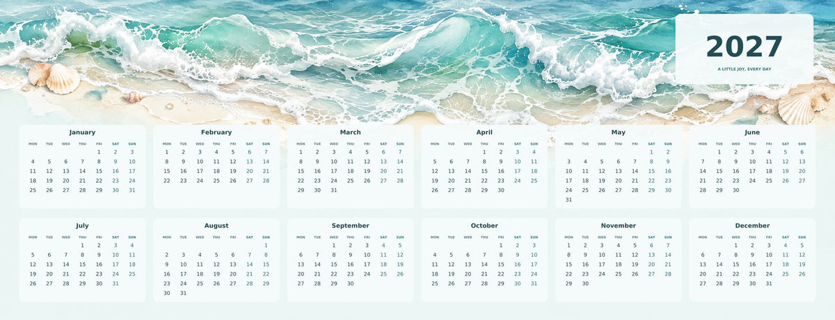 Ocean Escape 2027 calendar desk mat full design – 780 × 300 mm