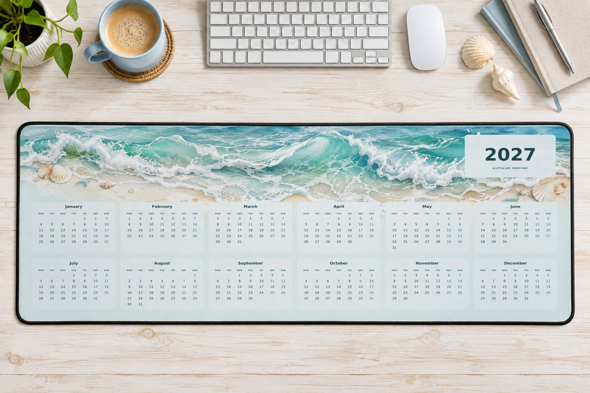 Ocean Escape 2027 calendar desk mat – illustrative printed product mockup