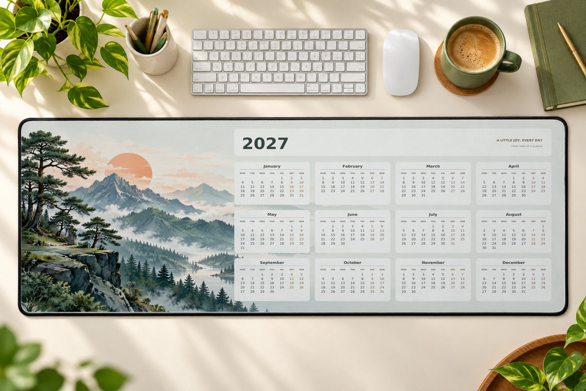 Mountain Morning 2027 calendar desk mat – illustrative printed product mockup
