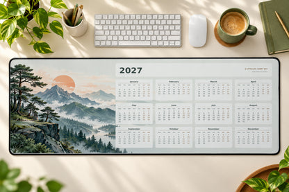 Mountain Morning 2027 calendar desk mat – illustrative printed product mockup
