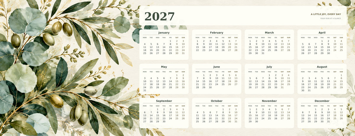 Sage Botanical 2027 calendar desk mat full design – 780 × 300 mm