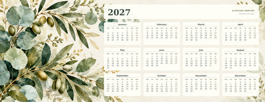 Sage Botanical 2027 calendar desk mat full design – 780 × 300 mm