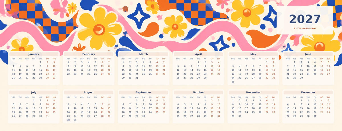 Retro Checker Pop 2027 calendar desk mat full design – 780 × 300 mm