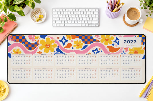 Retro Checker Pop 2027 calendar desk mat – illustrative printed product mockup
