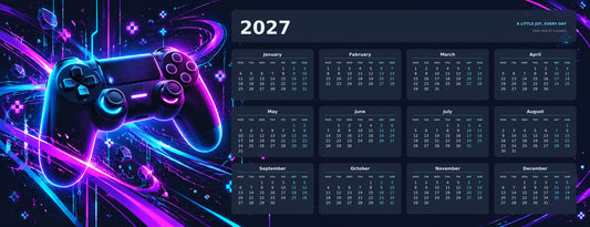 Neon Game Zone 2027 calendar desk mat full design – 780 × 300 mm