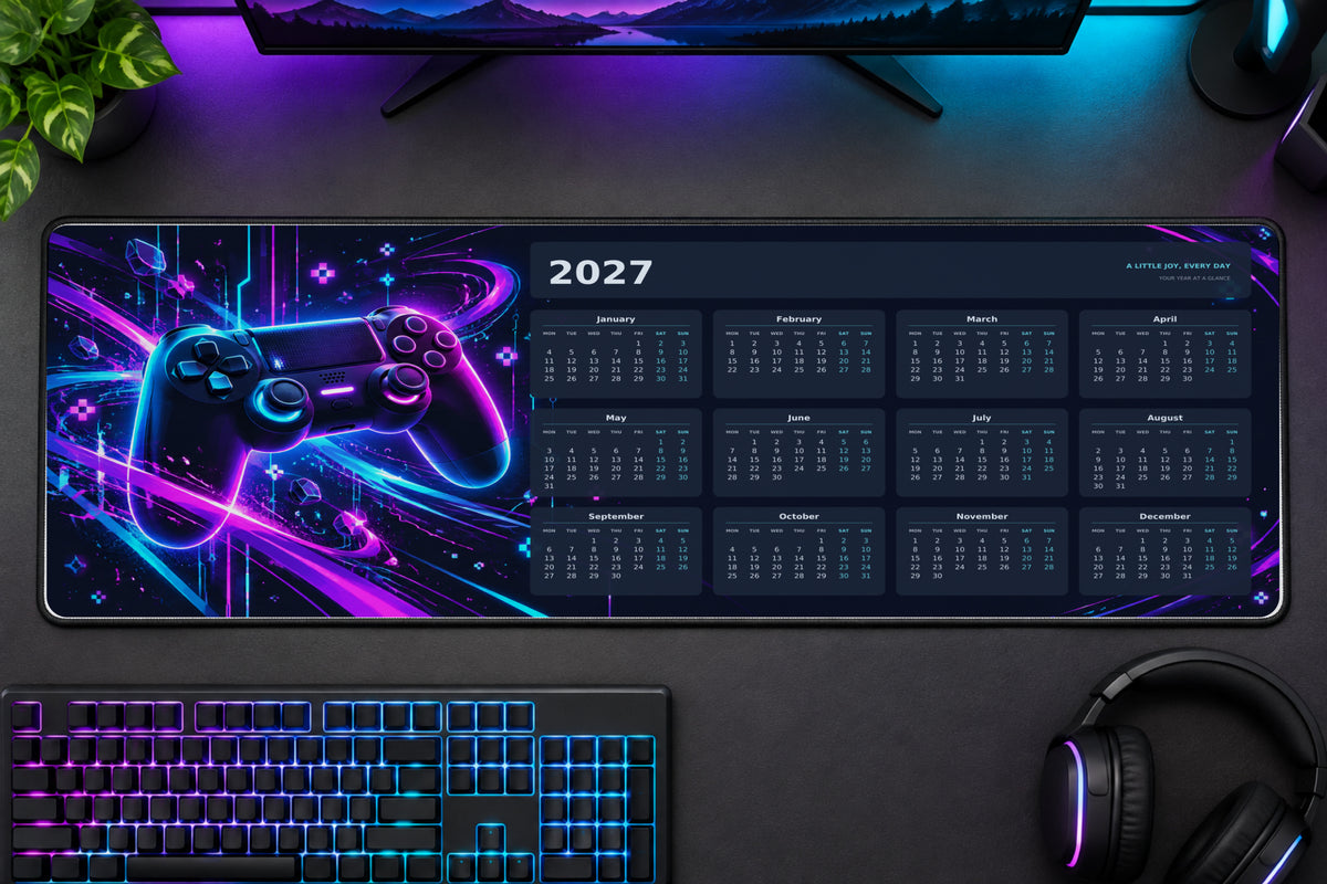 Neon Game Zone 2027 calendar desk mat – illustrative printed product mockup