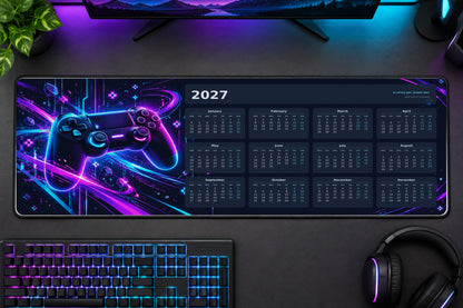 Neon Game Zone 2027 calendar desk mat – illustrative printed product mockup
