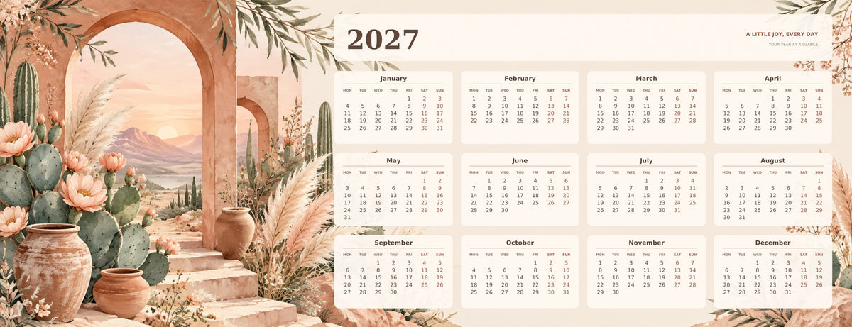 Desert Bloom 2027 calendar desk mat full design – 780 × 300 mm