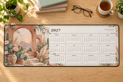 Desert Bloom 2027 calendar desk mat – illustrative printed product mockup