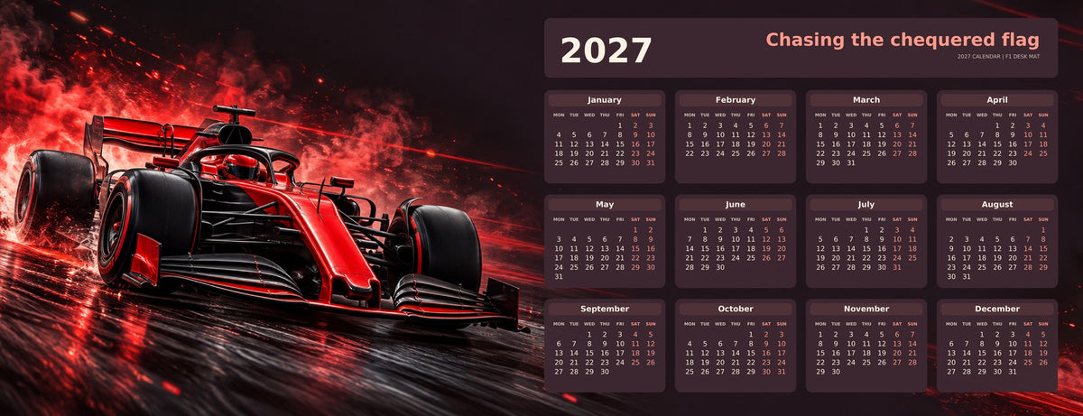 Scarlet Speed 2027 calendar desk mat full design – 780 × 300 mm