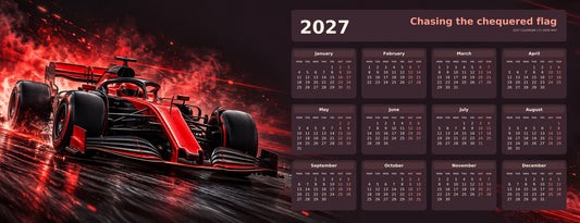 Scarlet Speed 2027 calendar desk mat full design – 780 × 300 mm