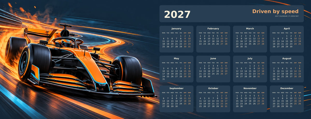 Papaya Pulse 2027 calendar desk mat full design – 780 × 300 mm