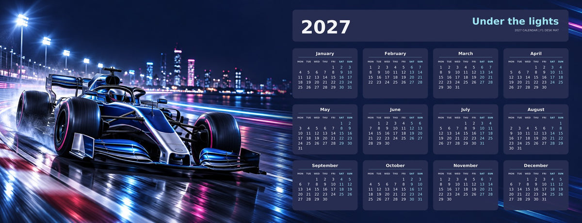 Midnight Grand Prix 2027 calendar desk mat full design – 780 × 300 mm