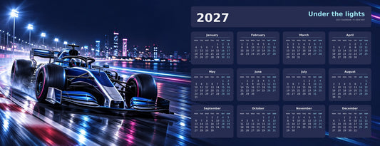 Midnight Grand Prix 2027 calendar desk mat full design – 780 × 300 mm